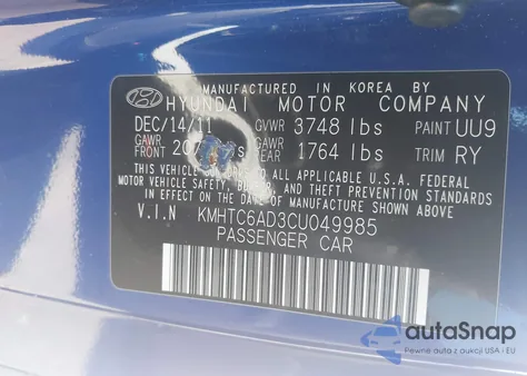 2012 Hyundai Veloster Base W/Black from USA, damaged, VIN KMHTC6AD3CU049985